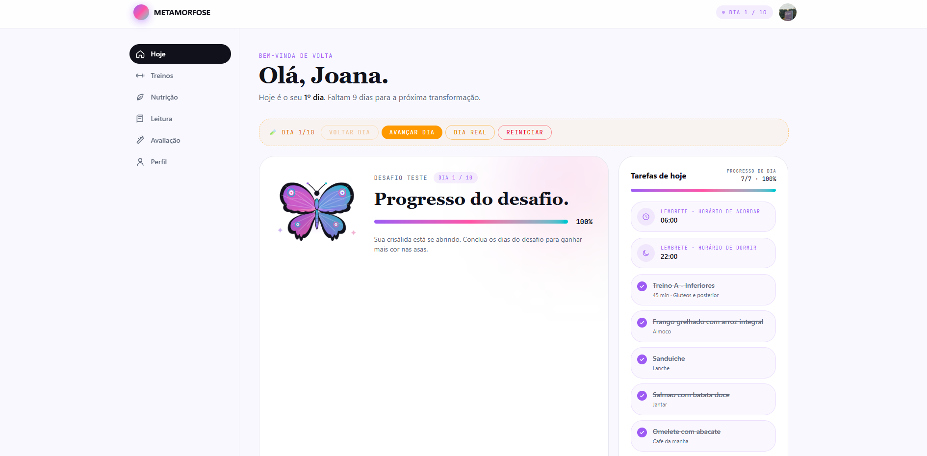 Tela Hoje do app: tarefas do dia e progresso da borboleta em 100%